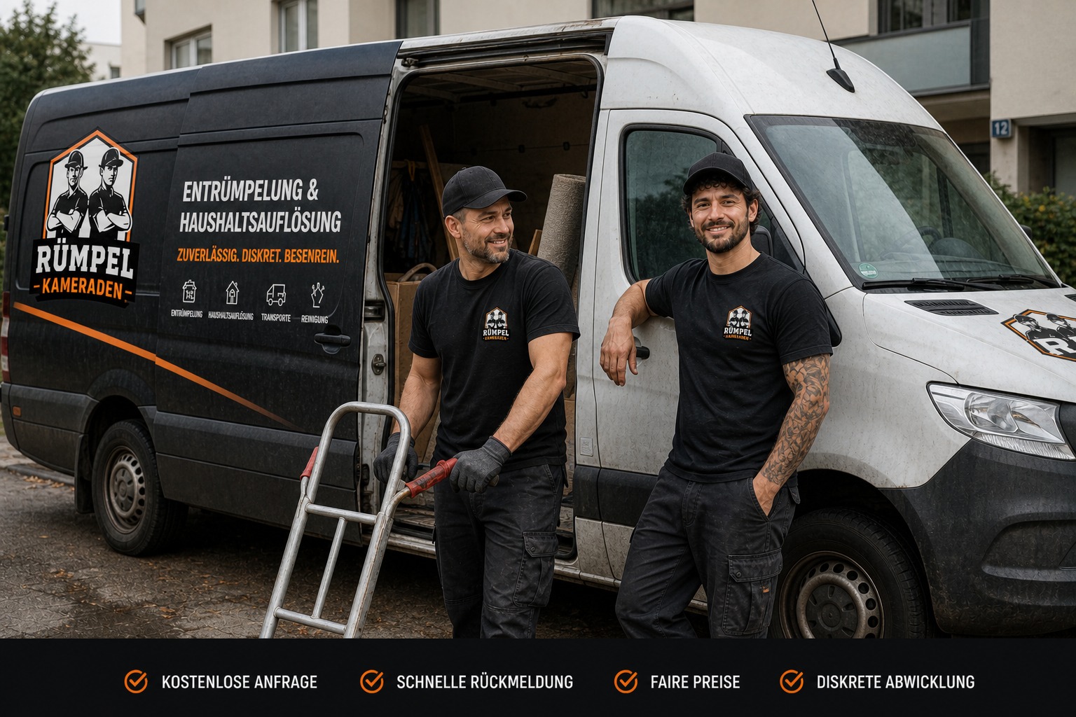 Das Team der Rümpel Kameraden mit Sackkarre vor dem Transporter – Entrümpelung & Haushaltsauflösung in Hessen